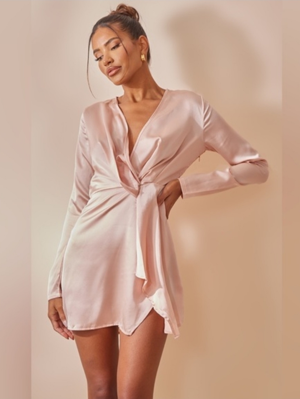 PrettyLittleThing Satin Wrap Tie-Front Mini Dress - Blush